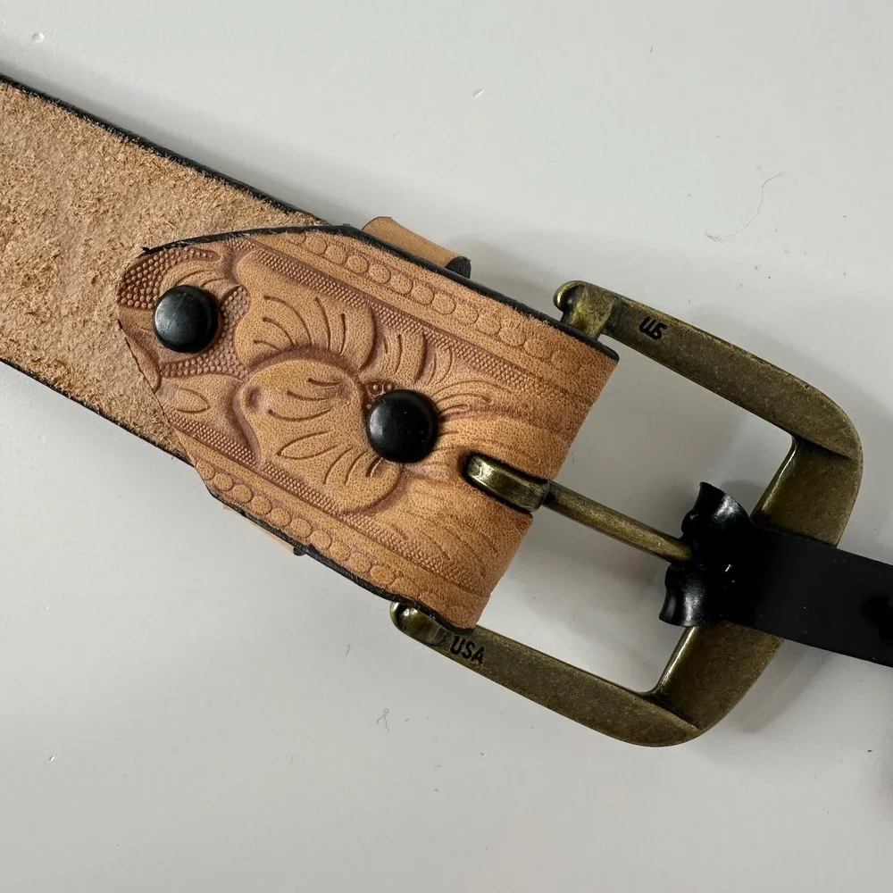 Canterbury Tooled Leather Belt Tan Floral Full Grain Cowhide USA Made Mens 36